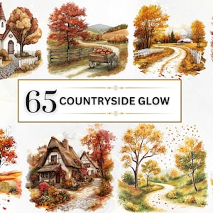 Watercolor Countryside Clipart Fall Clipart Set Autumn Landscape Clipart Cozy Cottagecore PNG Farm Clipart Set Nature Clipart Commercial Use