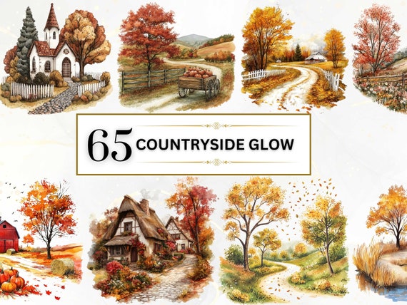 Watercolor Countryside Clipart Fall Clipart Set Autumn Landscape Clipart Cozy Cottagecore PNG Farm Clipart Set Nature Clipart Commercial Use