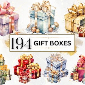 May include: A collection of watercolour painted gift boxes with various colours and ribbons. The boxes are decorated with gold glitter and have a festive feel. The text "194 GIFT BOXES" is displayed in a gold frame.