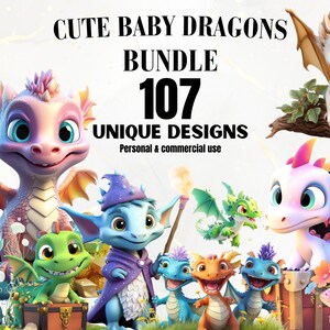 Cute Baby Dragons PNG Bundle - 107 Cute Dragon PNGs, Dragon Clipart, Fantasy Clipart, Magical Creatures, Watercolor, Digital Download