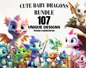 Cute Baby Dragons PNG Bundle - 107 Cute Dragon PNGs, Dragon Clipart, Fantasy Clipart, Magical Creatures, Watercolor, Digital Download