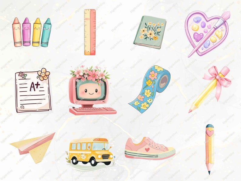 May include: A set of 10 colorful illustrations of school supplies, including crayons, a ruler, a notebook, a computer, washi tape, a pencil, a paper airplane, a school bus, a pair of sneakers, and a pencil with a heart on it.