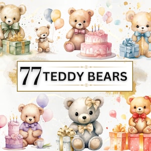 Süßer Teddybär PNG Bundle - 77 Teddybär Clipart, Aquarell Teddybär PNG, Teddybär Ballon PNG, Geburtstag Clipart, Geburtstagsparty Png
