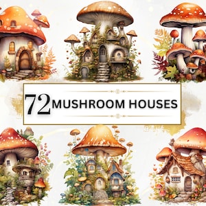 May include: A collection of 72 mushroom houses, each with unique details and colours. The houses are made of wood and stone and have windows, doors, and chimneys. Some of the houses have gardens with flowers and trees. The mushrooms are red and white with brown stems.