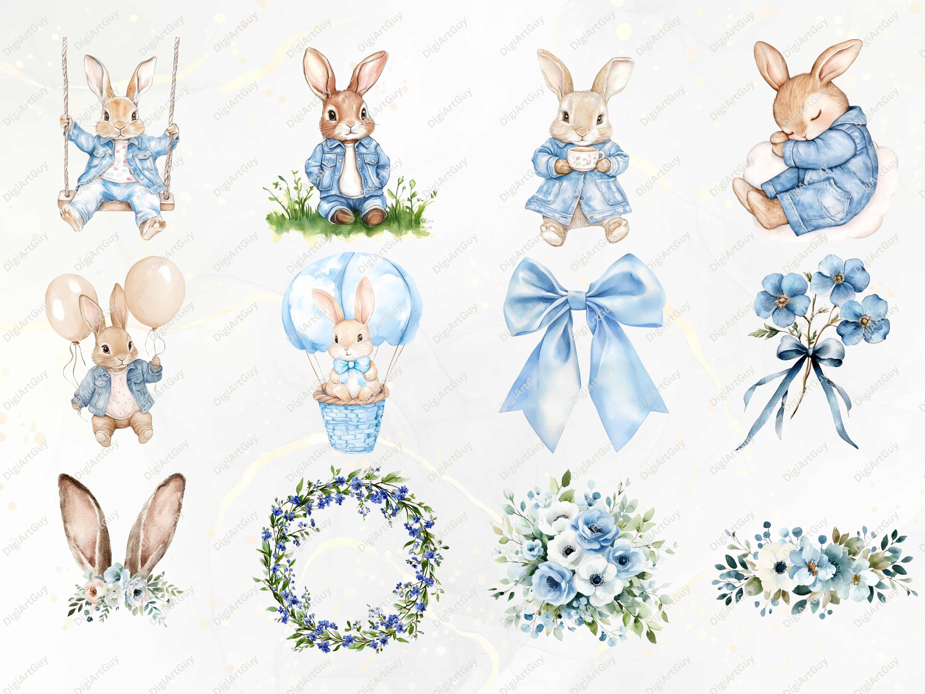 Blue Bunny Clipart Watercolor Spring Rabbit Clipart Nursery Png Animal ...
