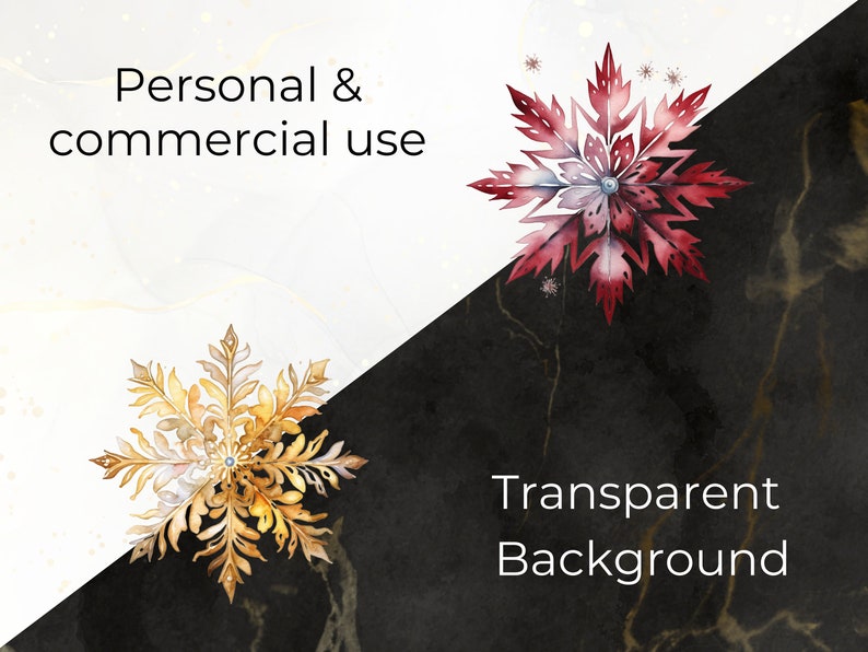 May include: Two watercolor snowflakes on a black and white background. The snowflake on the left is gold and the snowflake on the right is red. The text "Personal & commercial use" is on the white background and the text "Transparent Background" is on the black background.