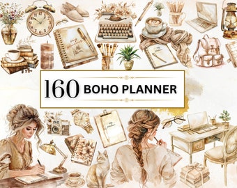 Planner Clipart Watercolor Journal Clipart Boho Planner Stickers Planner Girl PNG Planner Lover Clipart Office | Commercial Use Transparent
