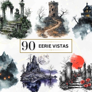 Könnte beinhalten: Eine Sammlung von 90 unheimlichen Vistas digitalen Illustrationen. Die Bilder zeigen eine Vielzahl von gruseligen Szenen, darunter ein Spukhaus, ein Turm auf einem Hügel, ein Friedhof und ein Wald mit leuchtenden Lichtern.