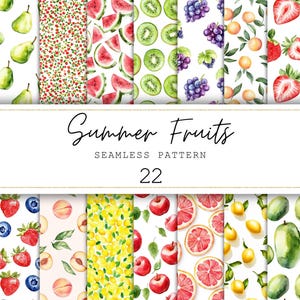 Motivi senza soluzione di continuità di frutta, carta digitale estiva, carta da giornale, motivo ripetuto, carta stampabile, sfondi estivi, set di stampe digitali