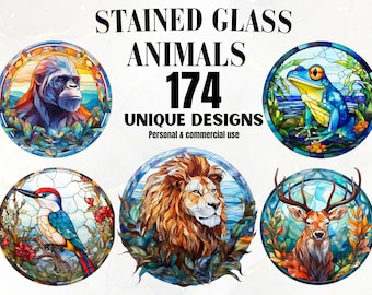 Stained Glass Animal Clipart - 174 Stained Glass Design Bundle, Seasons, Digital, Glass Patterns, Decor, Wall Art, DIY, Stained Glass PNG