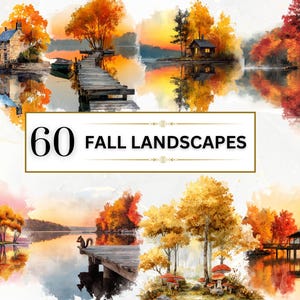 Watercolor Fall landscapes  Fall Scenery PNG Forest Clipart Fall Woodland PNG Autumn Clipart Trees, Mountains, Lakes | Commercial Use