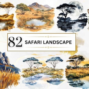 Watercolor Safari Clipart Jungle Landscape PNG Sunset Clipart Desert PNG  Nature Background Safari Digital Prints African Savannah Wild Life