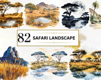 Watercolor Safari Clipart Jungle Landscape PNG Sunset Clipart Desert PNG  Nature Background Safari Digital Prints African Savannah Wild Life