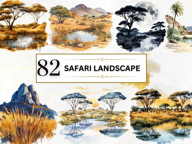 The image showcases  safari landscapes, including acacia trees, serene water reflections, wildlife, and mountains, with a color palette of warm yellows, earthy browns, and sunset oranges, capturing the beauty and tranquility of the African savannah.