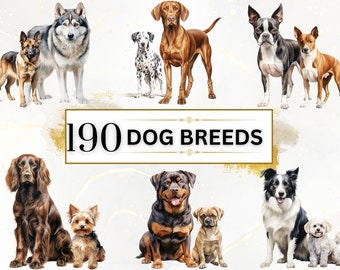 Dog Clipart Bundle - 190 Watercolor Dogs Clipart PNG, Dog Breeds PNG, Dog Sublimation Designs, Cute Dogs Clipart PNG, Puppy Clipart, Dog Png