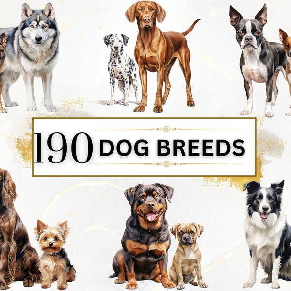 Dog Clipart Bundle - 190 Watercolor Dogs Clipart PNG, Dog Breeds PNG, Dog Sublimation Designs, Cute Dogs Clipart PNG, Puppy Clipart, Dog Png