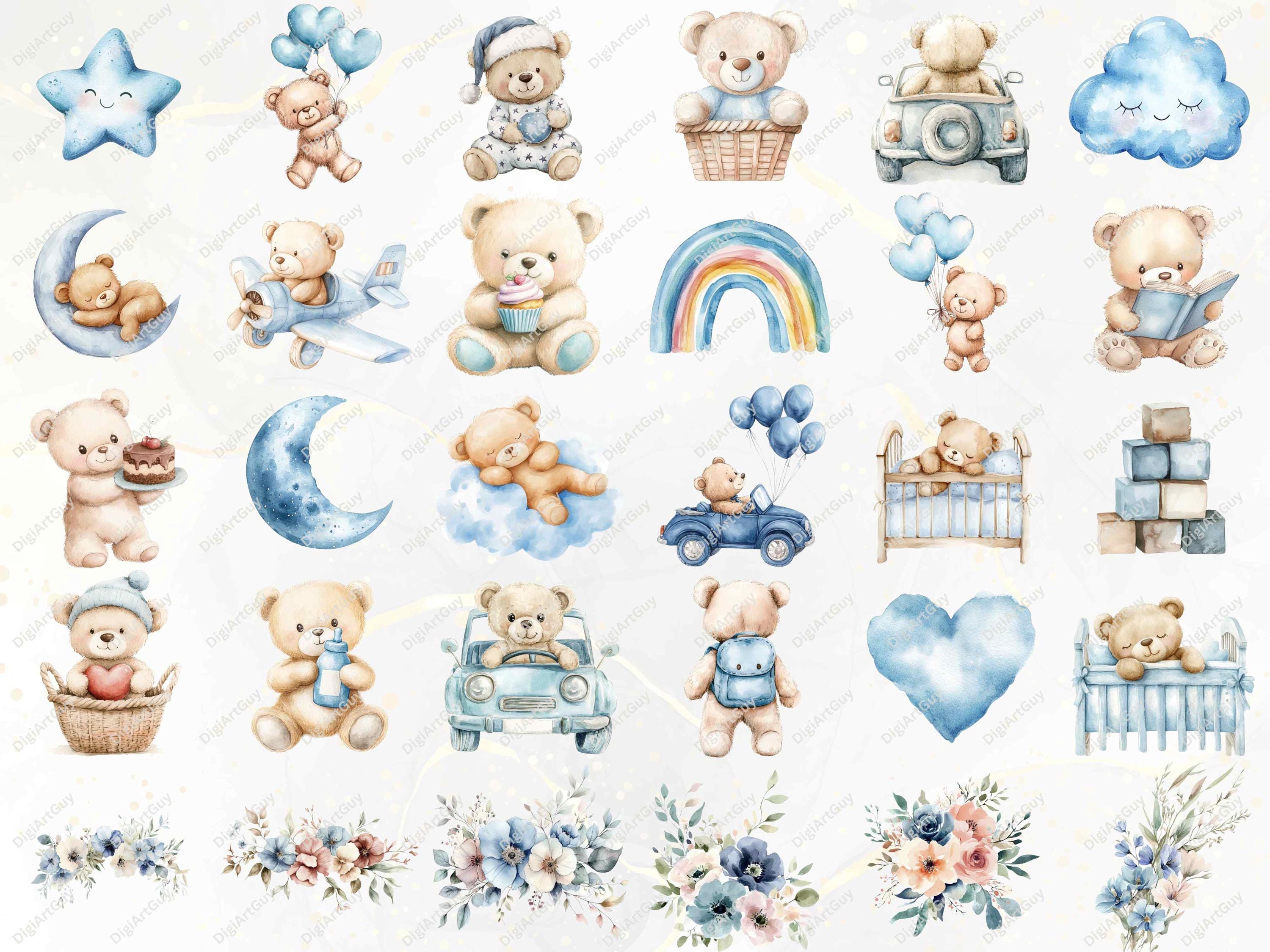 Blue Teddy Bear Watercolor Clipart Teddy Bear PNG Blue Baby Shower ...