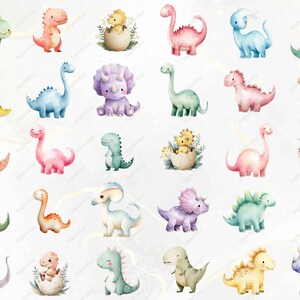 May include: Watercolor illustrations of various dinosaurs in pastel colors. The collection includes different species, such as T-Rex, Triceratops, and Stegosaurus, in shades of pink, blue, green, and yellow. Some dinosaurs are shown hatching from eggs.