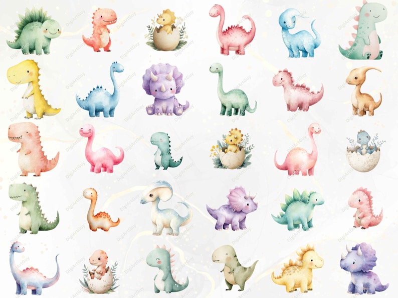 May include: Watercolor illustrations of various dinosaurs in pastel colors. The collection includes different species, such as T-Rex, Triceratops, and Stegosaurus, in shades of pink, blue, green, and yellow. Some dinosaurs are shown hatching from eggs.