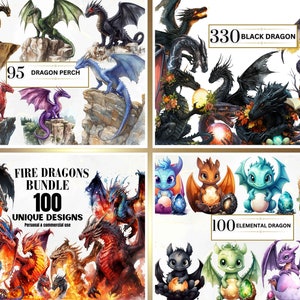 May include: A digital illustration set of 100 unique dragon designs. The set includes fire dragons, black dragons, dragon perches, and elemental dragons. The illustrations are in a watercolor style and feature a variety of colors and poses.