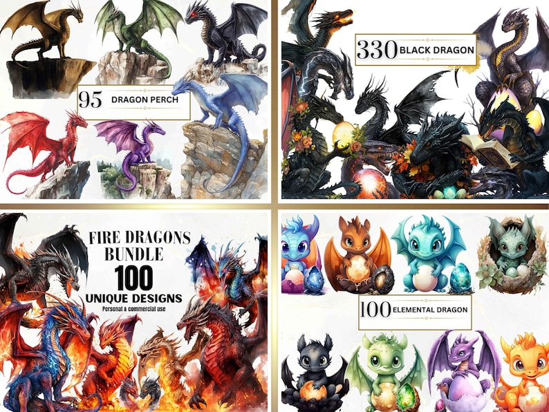 May include: A digital illustration set of 100 unique dragon designs. The set includes fire dragons, black dragons, dragon perches, and elemental dragons. The illustrations are in a watercolor style and feature a variety of colors and poses.