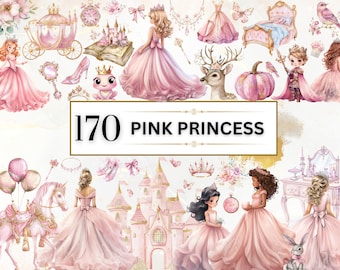 Princess Clipart Watercolor Pink Princess PNG Fairy Tale Clipart Castle PNG Cinderella Clipart Cute Princess PNG Nursery Art Commercial Use