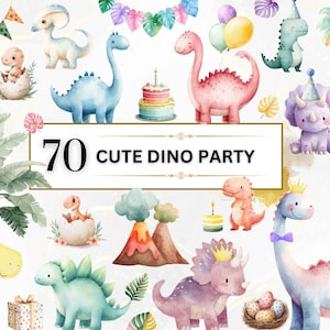 Può includere: Illustrazione ad acquerello con vari dinosauri in colori pastello, tra cui blu, rosa e giallo. L'immagine include il testo "70 CUTE DINO PARTY" ed elementi come palloncini, torta e cappellini per feste, suggerendo un tema di compleanno.