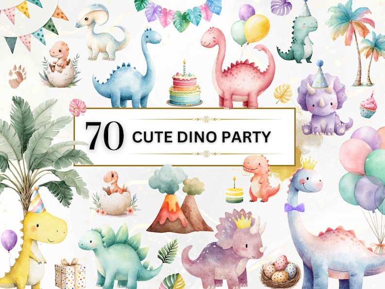 May include: Watercolor illustration featuring various dinosaurs in pastel colors, including blue, pink, and yellow. The image includes the text "70 CUTE DINO PARTY" and elements like balloons, cake, and party hats, suggesting a birthday theme.