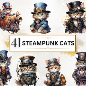 Watercolor Steampunk Cats PNG Bundle - 41 Cats Clipart PNGs, Cats Clipart, Animals Clipart, Watercolor Animals, Instant Digital Download