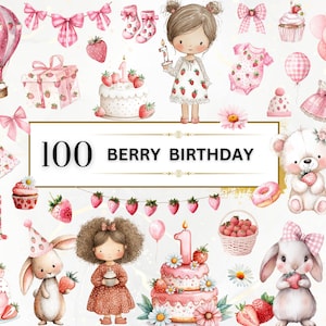 Clipart de primer cumpleaños de bayas, clipart de fresa de acuarela, clipart de baby shower dulce de bayas, clipart de niña fresa, clipart de cinta rosa