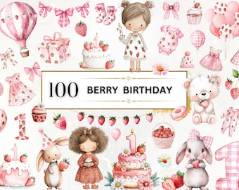Clipart de primer cumpleaños de bayas, clipart de fresa de acuarela, clipart de baby shower dulce de bayas, clipart de niña fresa, clipart de cinta rosa