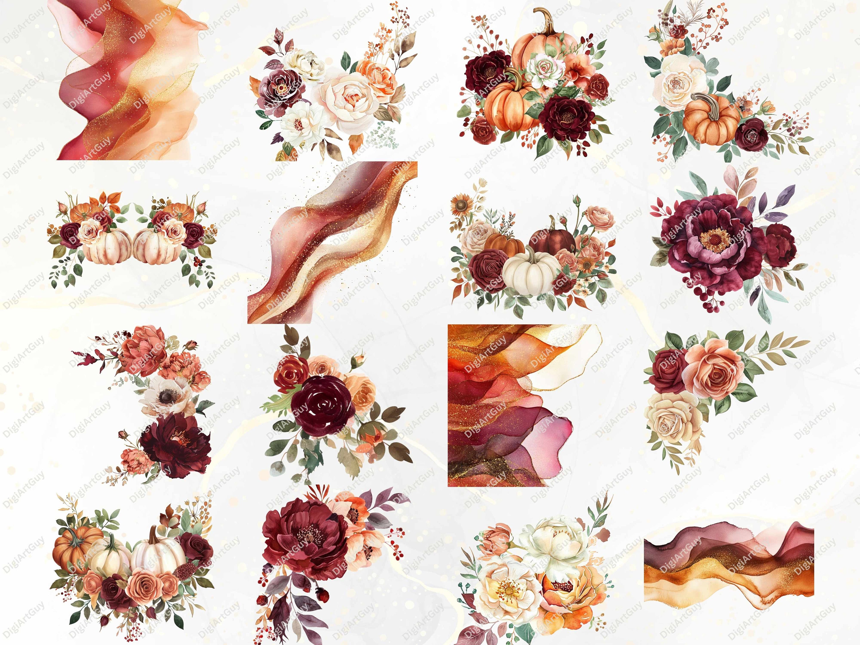 Watercolor Autumn Flowers Clipart Fall Floral Clipart Pumpkin PNG Cozy ...