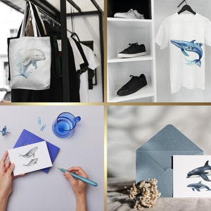 May include: A set of three products featuring watercolor illustrations of whales and dolphins. A white tote bag with a white dolphin, a white t-shirt with a blue whale, and a greeting card with two blue whales.