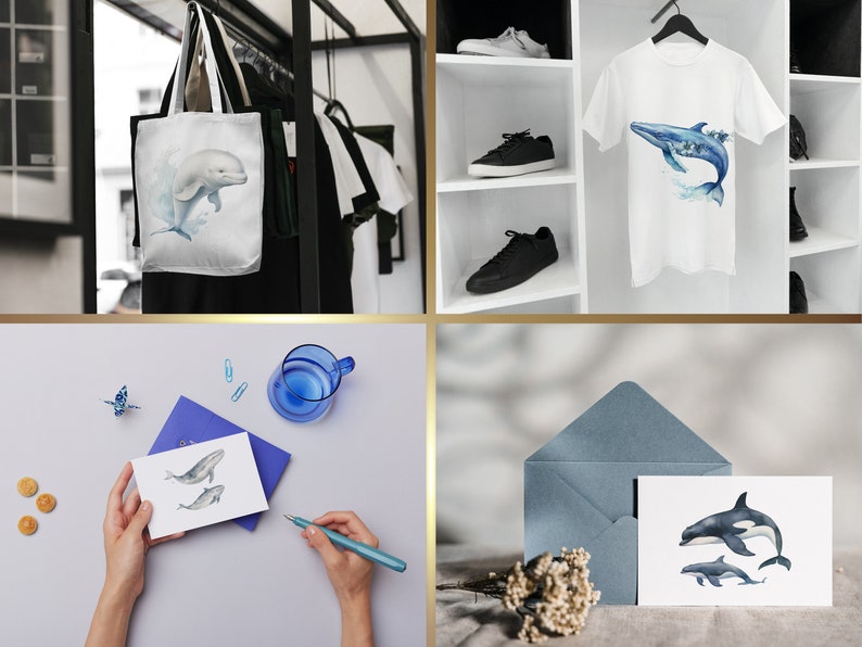 May include: A set of three products featuring watercolor illustrations of whales and dolphins. A white tote bag with a white dolphin, a white t-shirt with a blue whale, and a greeting card with two blue whales.