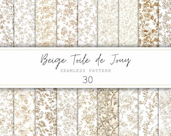 Beige Toile de Jouy Seamless Patterns Neutral Floral Digital Paper French Toile Floral Pattern Floral Junk Journal Paper Chinoiserie Pattern