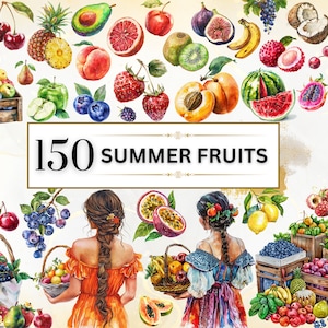 Clipart de verano Acuarela Verano PNG Clipart de frutas Fruta de verano PNG Cesta de frutas PNG Gráficos de frutas Png transparente / Uso comercial