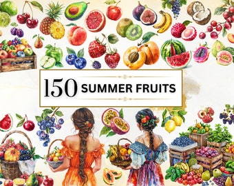Clipart de verano Acuarela Verano PNG Clipart de frutas Fruta de verano PNG Cesta de frutas PNG Gráficos de frutas Png transparente / Uso comercial
