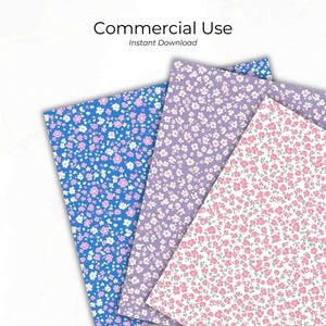 Three sheets of floral confetti seamless patterns arranged in a fan, featuring pink flowers on blue, purple, and white backgrounds. Above, text reads "Commercial Use – Instant Download."