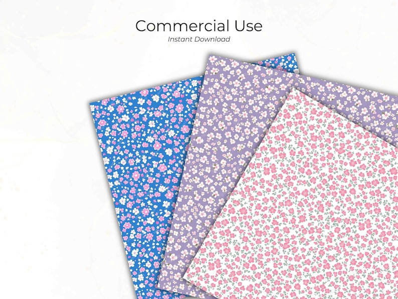 Three sheets of floral confetti seamless patterns arranged in a fan, featuring pink flowers on blue, purple, and white backgrounds. Above, text reads "Commercial Use – Instant Download."