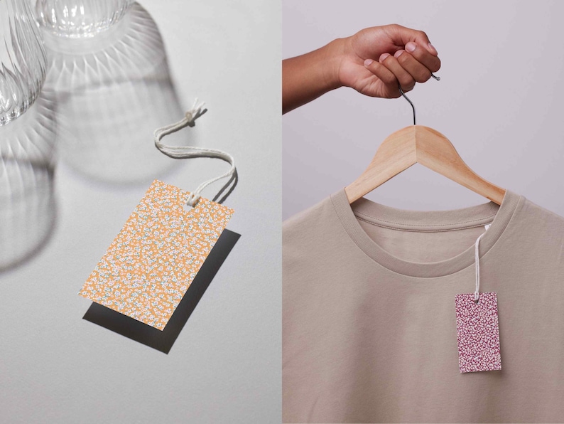 Split image showing floral confetti tags in use—left side displays an orange floral tag resting near a glass cup, while the right shows a burgundy floral tag hanging from a beige t-shirt on a wooden hanger