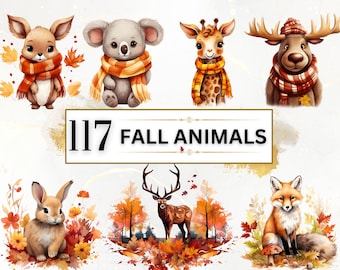 Cute Fall Animal Bundle - 117 Fall Animal Clipart PNGs, Woodland Animals Clipart, Fall Watercolor Clipart Bundle, Autumn Baby Animal Clipart