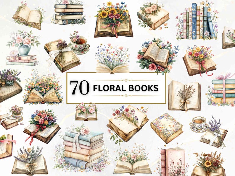 A vibrant collection of 70 floral book-themed illustrations. Features open books adorned with bouquets, vintage stacked books with flowers, and tea cups. Each image highlights intricate floral designs and book details.