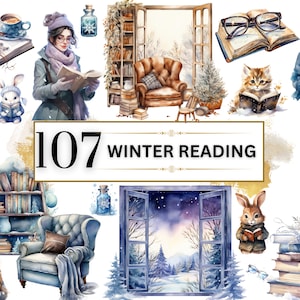 Winter Reading Clipart Bundle - 107 Watercolor Winter Clipart PNGs, Winter PNG, House Clipart, Cozy Neutral Winter Clipart, Book Clipart