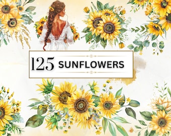 Sunflower Clipart Watercolor Sunflower PNG Flower Clipart Floral Bouquet PNG Wildflower Clipart Summer PNG Wedding Clipart | Commercial Use