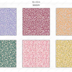 Another set of six seamless pattern swatches featuring backgrounds in navy blue, gold, pink, green, and white, all covered with tiny floral confetti in pink and white tones.