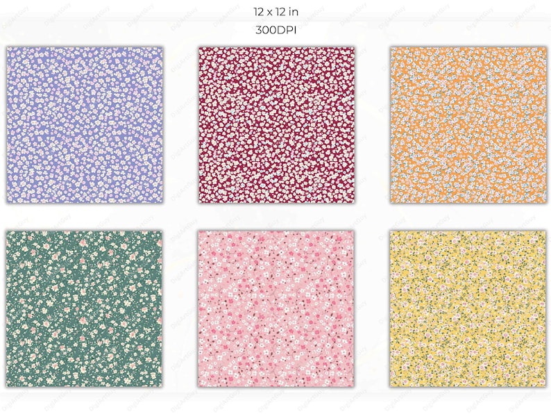 Another set of six seamless pattern swatches featuring backgrounds in navy blue, gold, pink, green, and white, all covered with tiny floral confetti in pink and white tones.