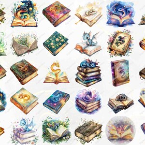 A grid showcasing dragon book designs, each uniquely styled with elements like fire, glowing effects, and mystical patterns. Includes books with baby dragons, nature-inspired designs, and vibrant color schemes.