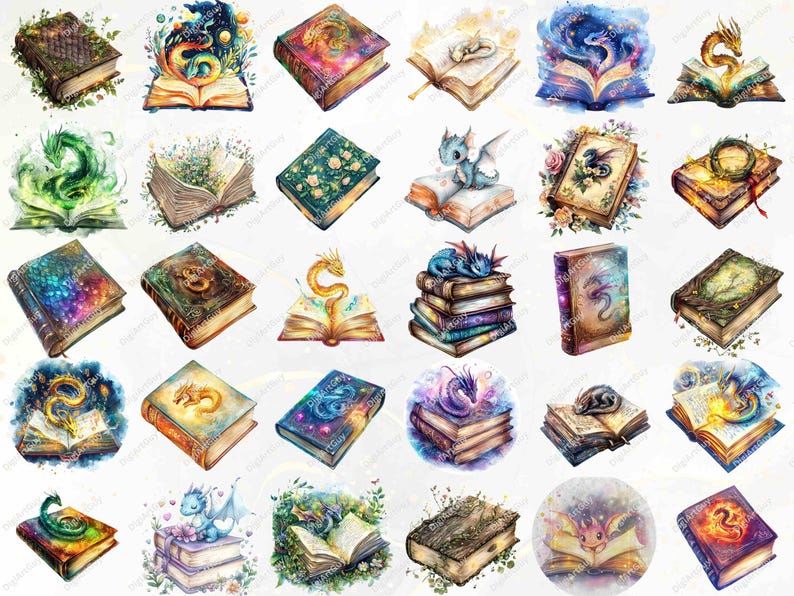 A grid showcasing dragon book designs, each uniquely styled with elements like fire, glowing effects, and mystical patterns. Includes books with baby dragons, nature-inspired designs, and vibrant color schemes.