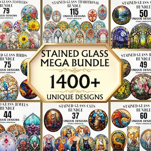 Stained Glass PNG Bundle - 1400+ Unique Stained Glass Clipart Bundle, Stained Glass Art, Digital Paper, Decor, Wall Art, DIY, Printable