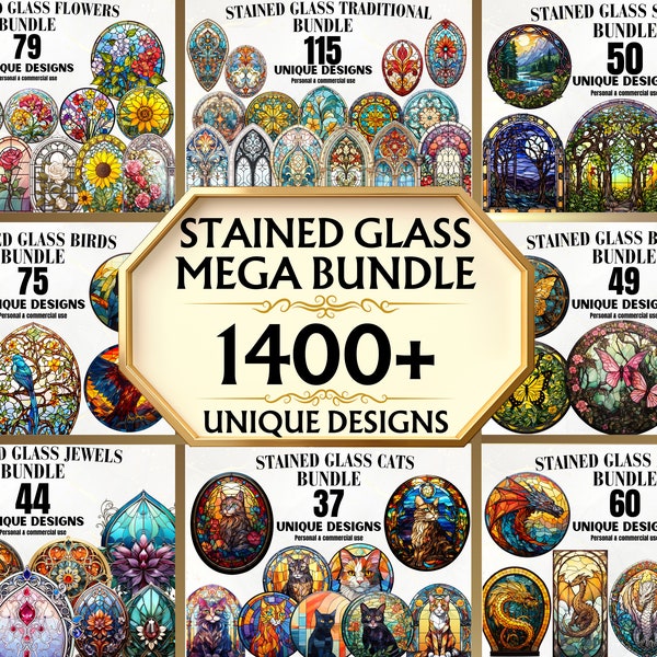 Stained Glass PNG Bundle - 1400+ Unique Stained Glass Clipart Bundle, Stained Glass Art, Digital Paper, Decor, Wall Art, DIY, Printable